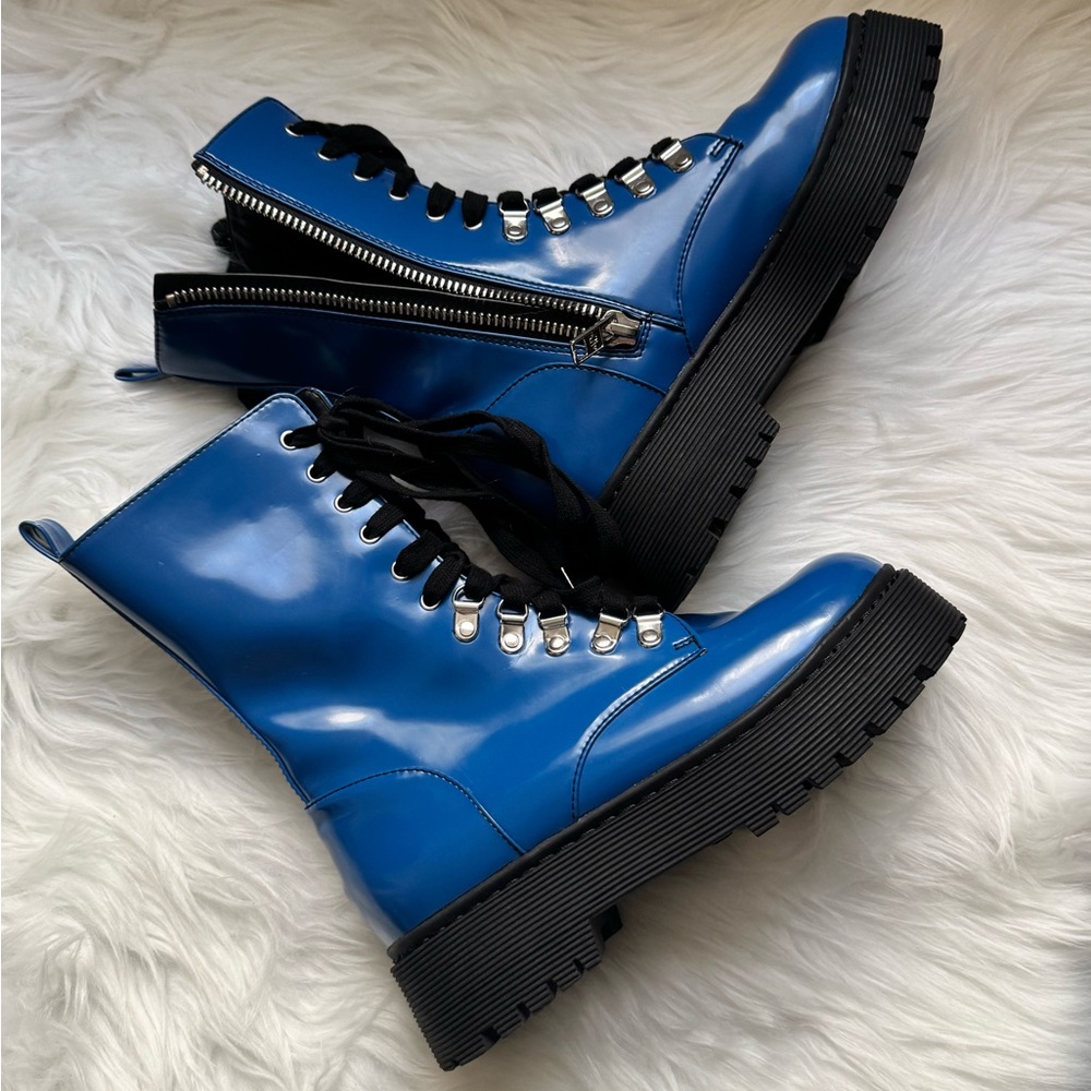 Current Mood Shiny Blue Combat Boots